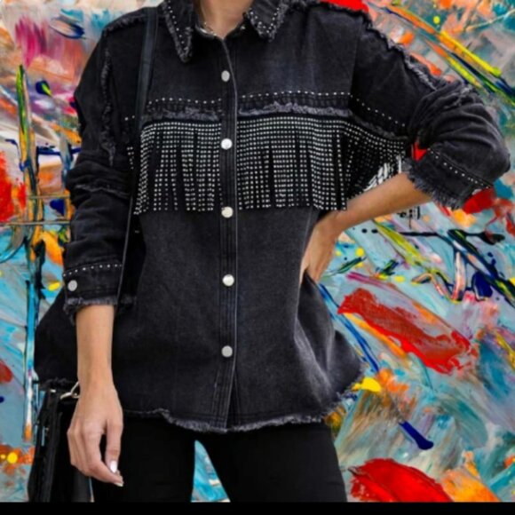 Vici Jackets & Blazers - Black Studded Fringe Shacket